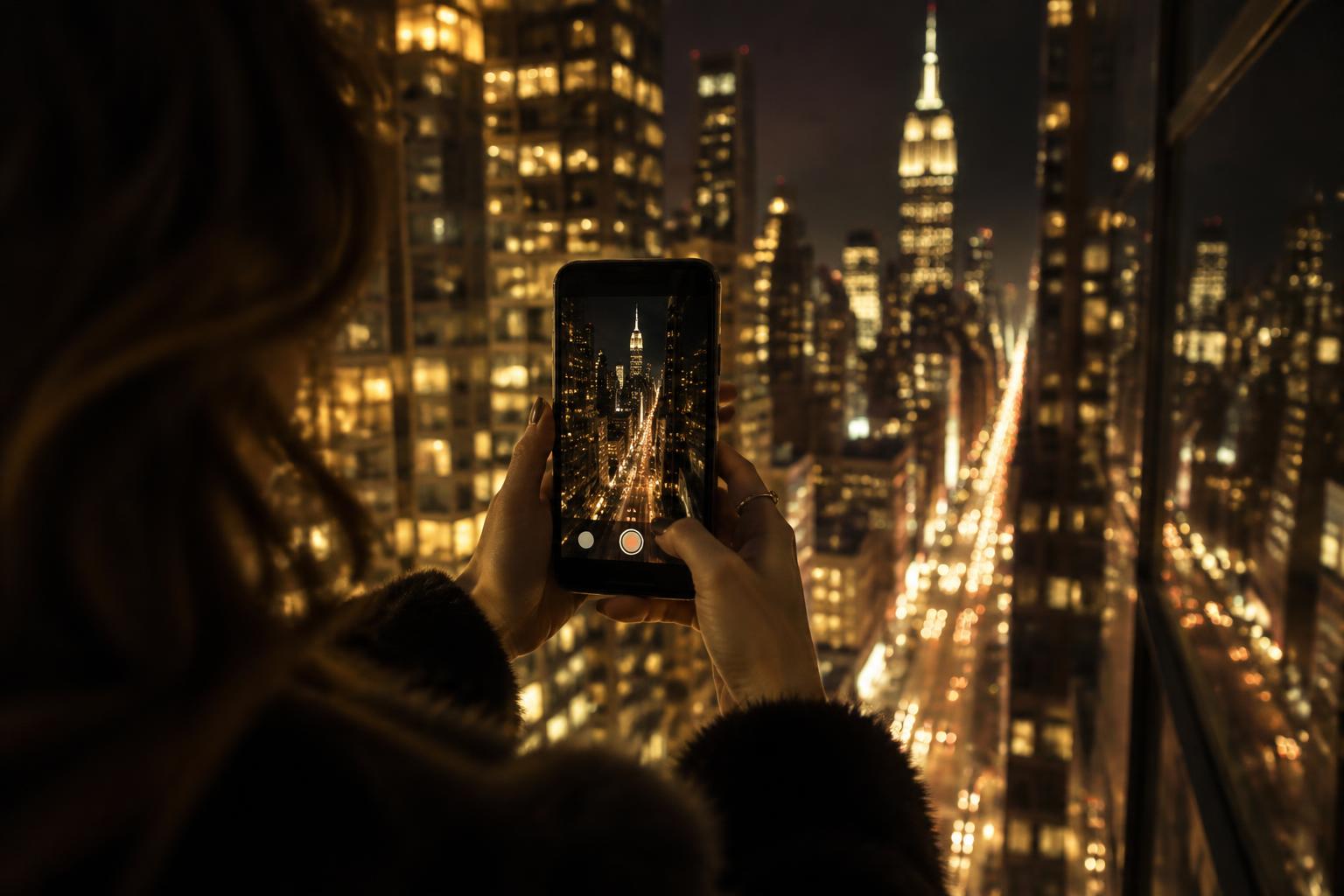 A creator filming Manhattan at night on a smartphone