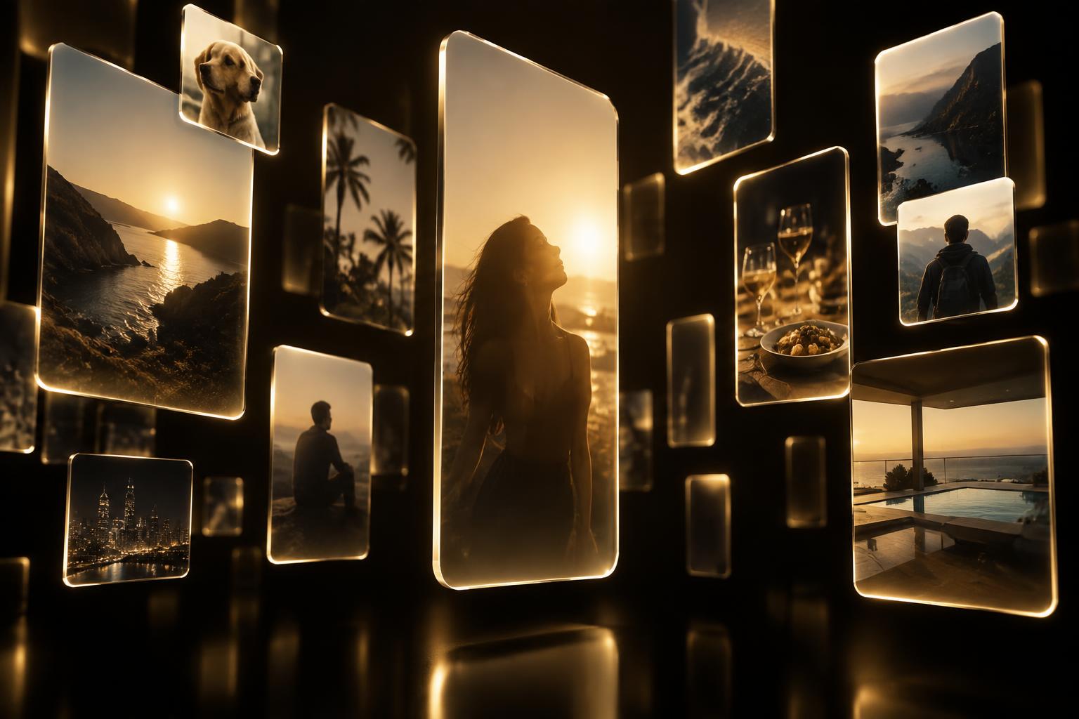 Floating social media content frames with gold edges