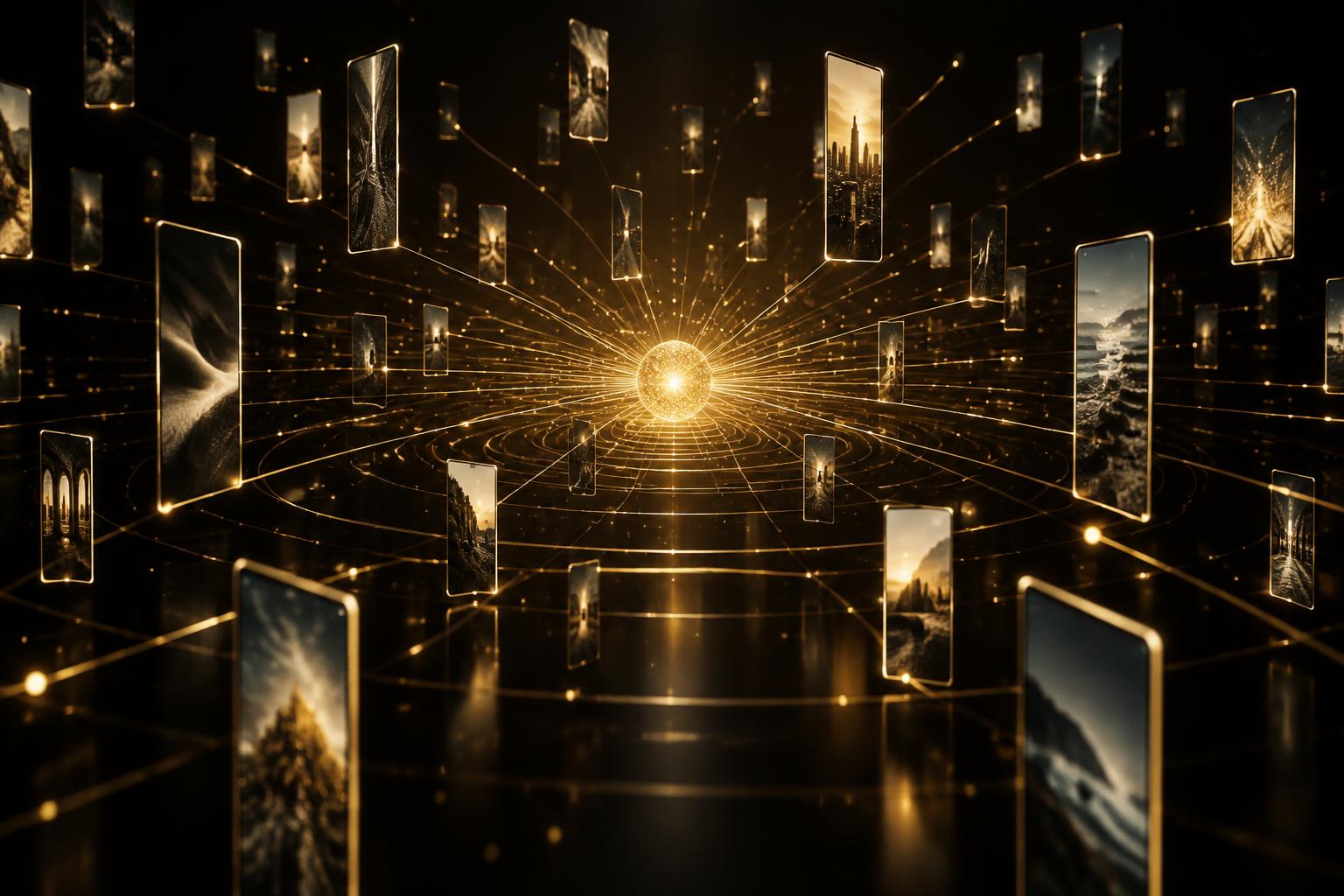 Vertical video frames radiating from a gold center, connected by fine gold lines